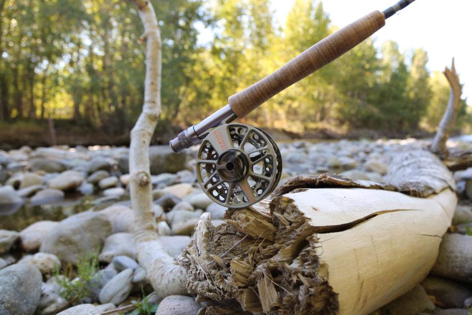 A Waterworks-Lamson reel sits on a log.