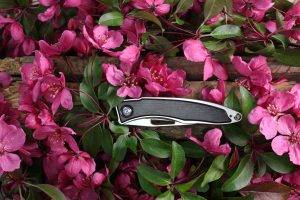 Pocket knife lays in pink flowers
